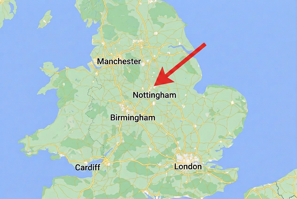 Map of the UK highlighting Nottingham, where Chinye FitClub is based